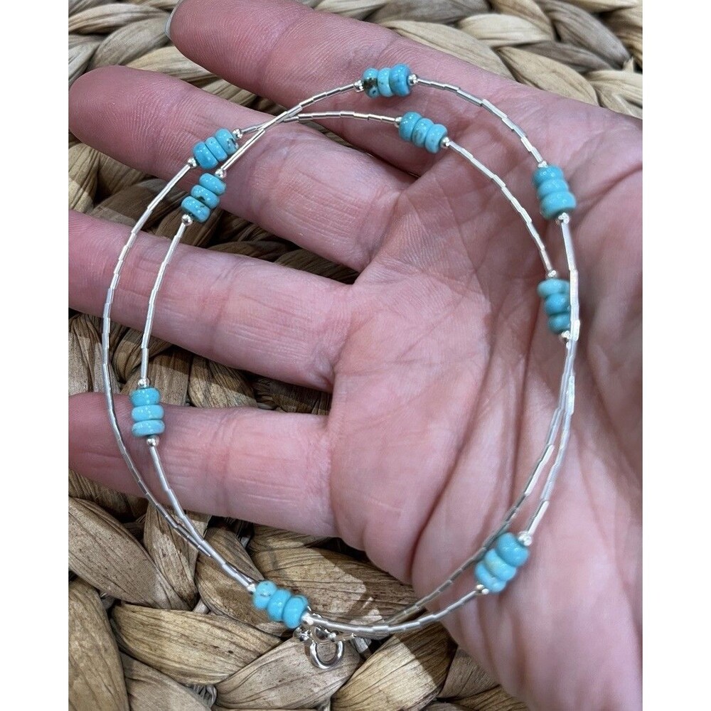 Native American Turquoise & 925 Liquid Silver Necklace 18in Tribal Stackable